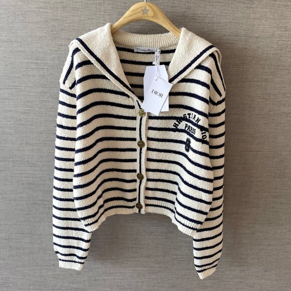 Dior Marinière Cardigan with Sailor Collar White and Navy Blue Cotton Knit - Picture 4 of 9